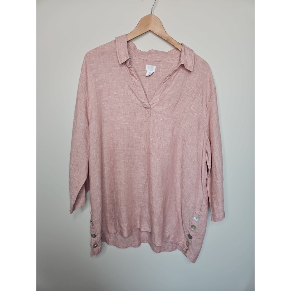 Sigrid Olsen Top 1X Pink Linen Tunic Lagenlook Minimalist Shell Button Coastal